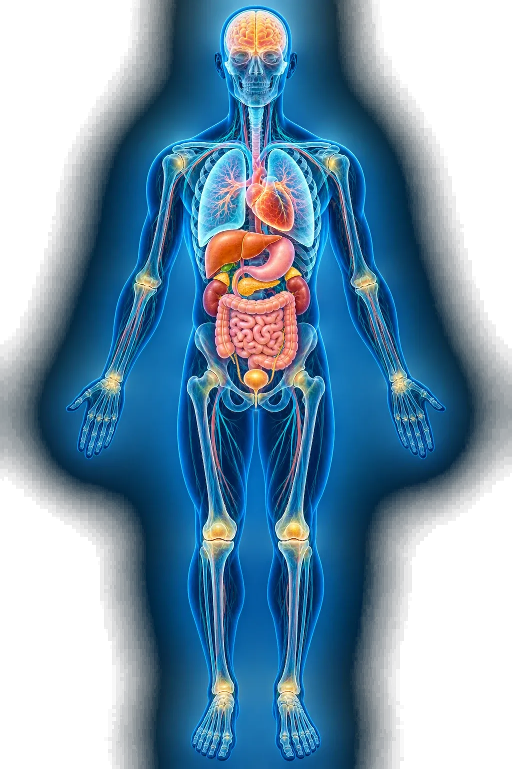 Ilustración del cuerpo humano con el esqueleto y los principales órganos visibles