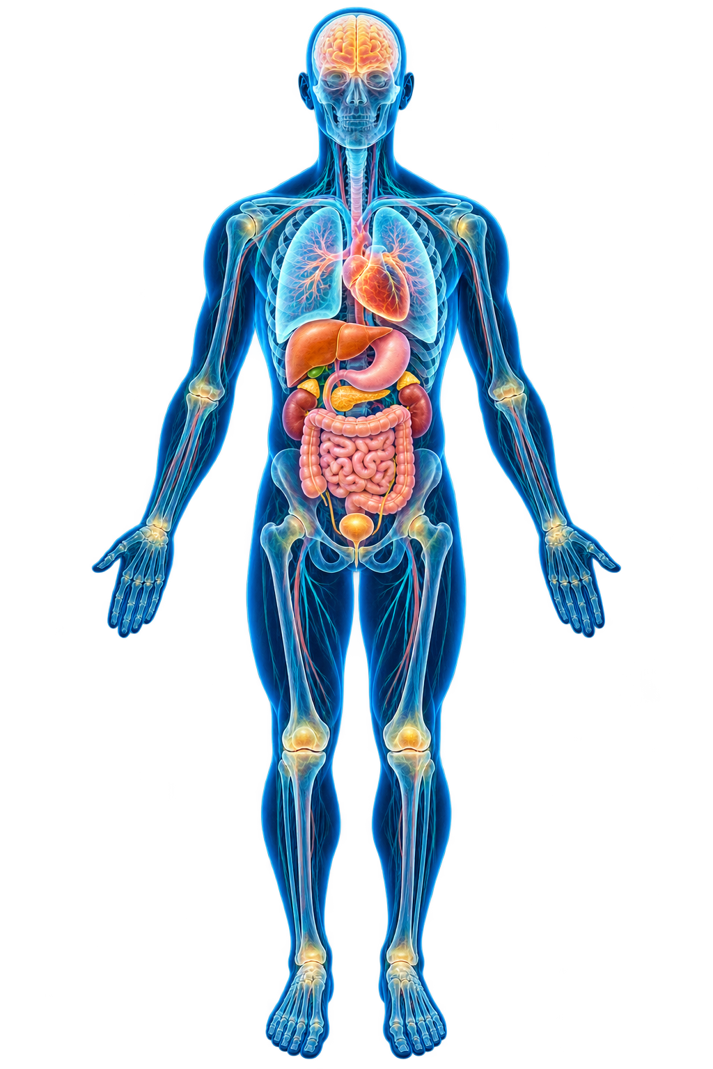 Ilustración del cuerpo humano con el esqueleto y los principales órganos visibles